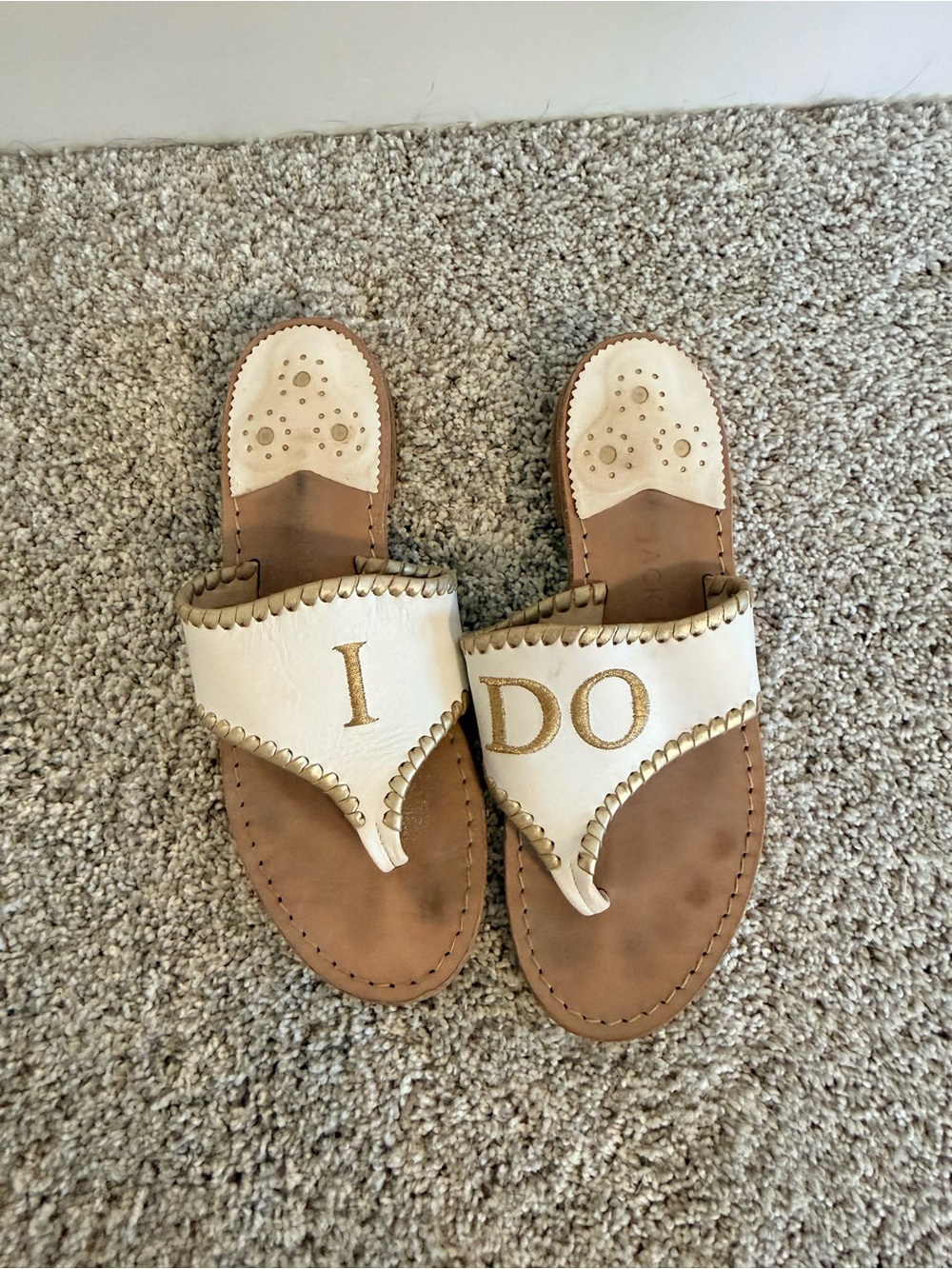 Jack Rogers White and Gold 'I DO' Leather Thong Sandals